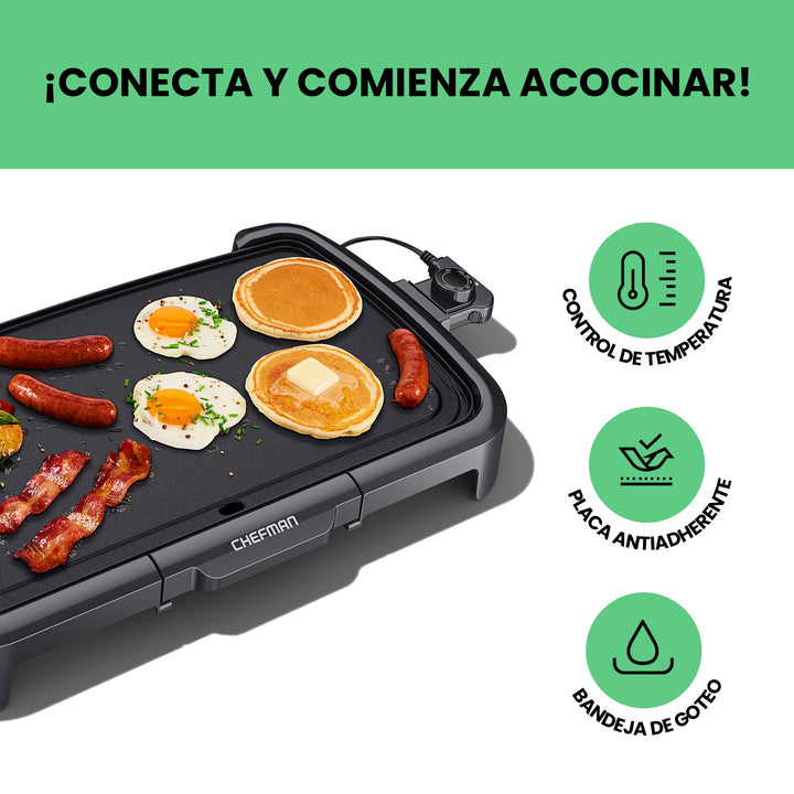Chefman - Plancha Eléctrica Antiadherente con control De Temperatura