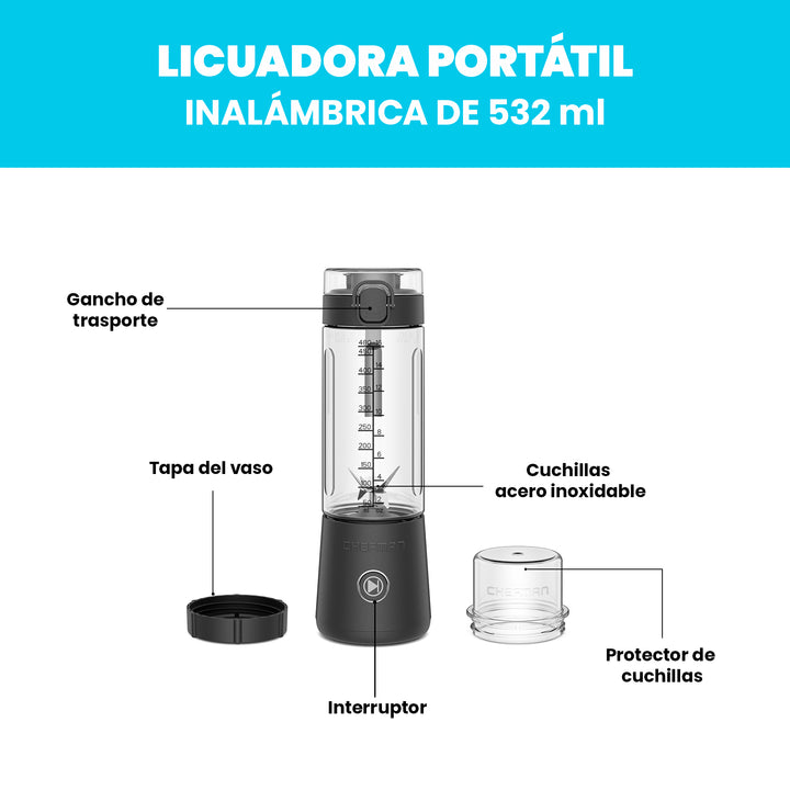 Chefman - Licuadora Portátil con Botón de Encendido Luz LED 480 ml