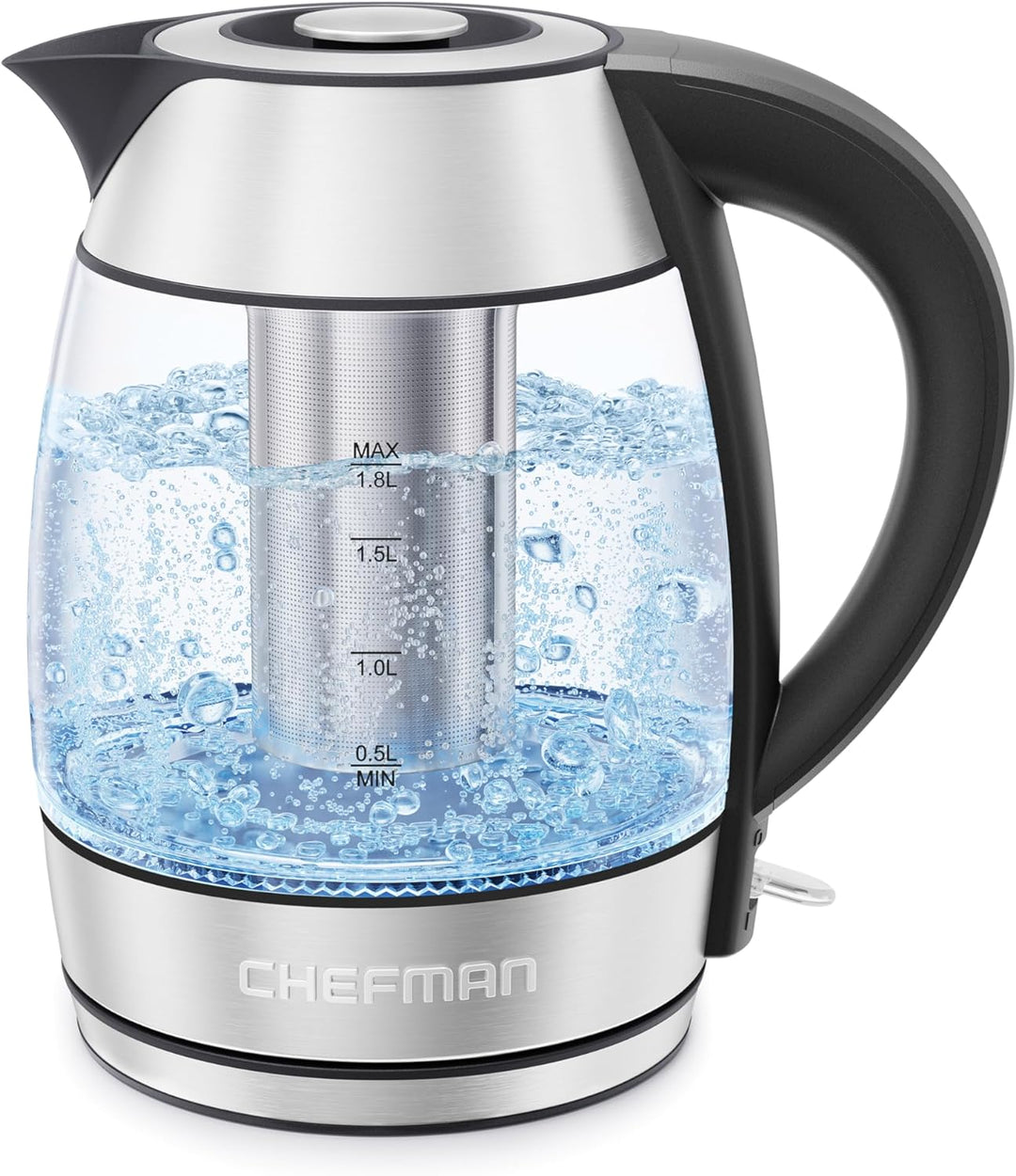 Chefman - Tetera Eléctrica de 1.7L | Jarra de Cristal - Base Giratoria de 360°