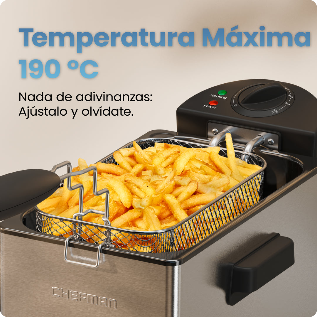 CHEFMAN - Freidora de Aceite 3 L con Control de Temperatura y Cesta — Inoxidable