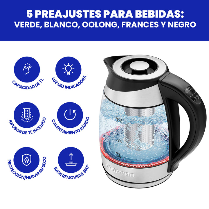 Chefman - Hervidor Eléctrico con infusor de té, 1.7 L