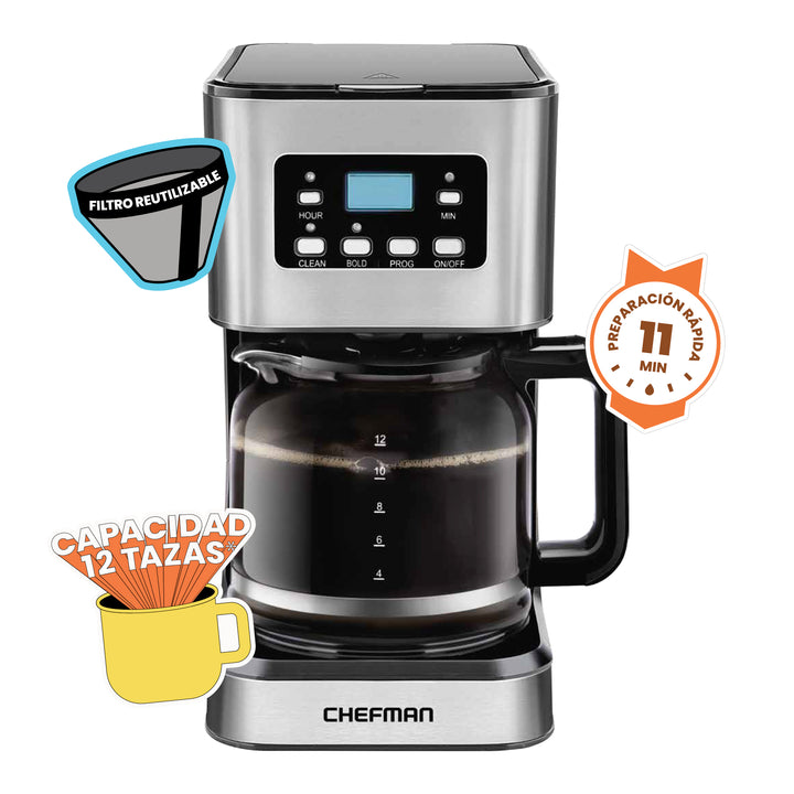 Chefman - Cafetera De Goteo Programable: De 12 Tazas, Filtro Reutilizable