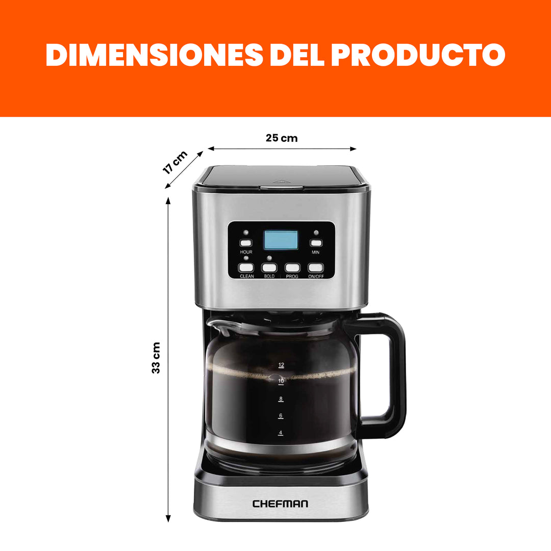 Chefman - Cafetera De Goteo Programable: De 12 Tazas, Filtro Reutilizable