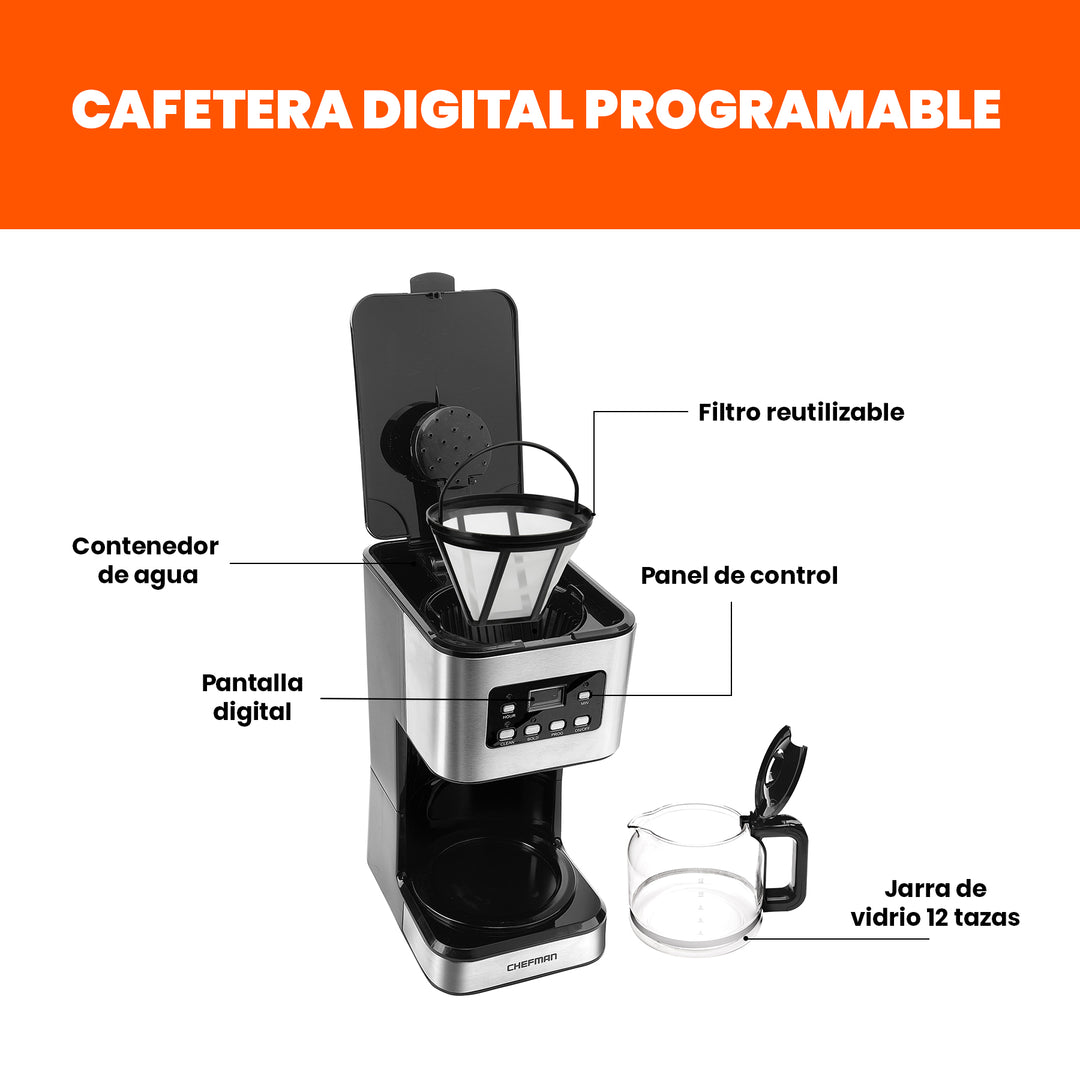 Chefman - Cafetera De Goteo Programable: De 12 Tazas, Filtro Reutilizable