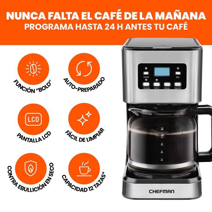 Chefman - Cafetera De Goteo Programable: De 12 Tazas, Filtro Reutilizable