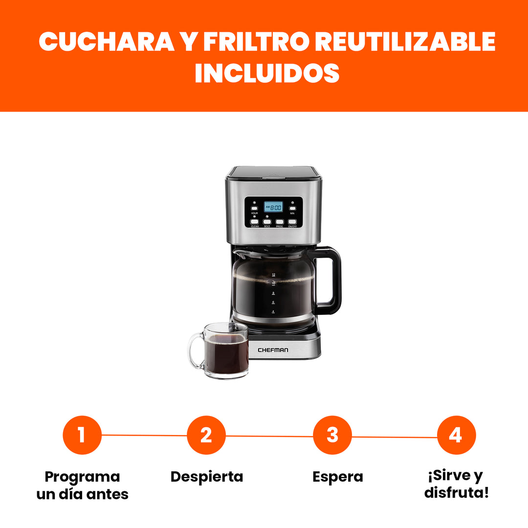 Chefman - Cafetera De Goteo Programable: De 12 Tazas, Filtro Reutilizable