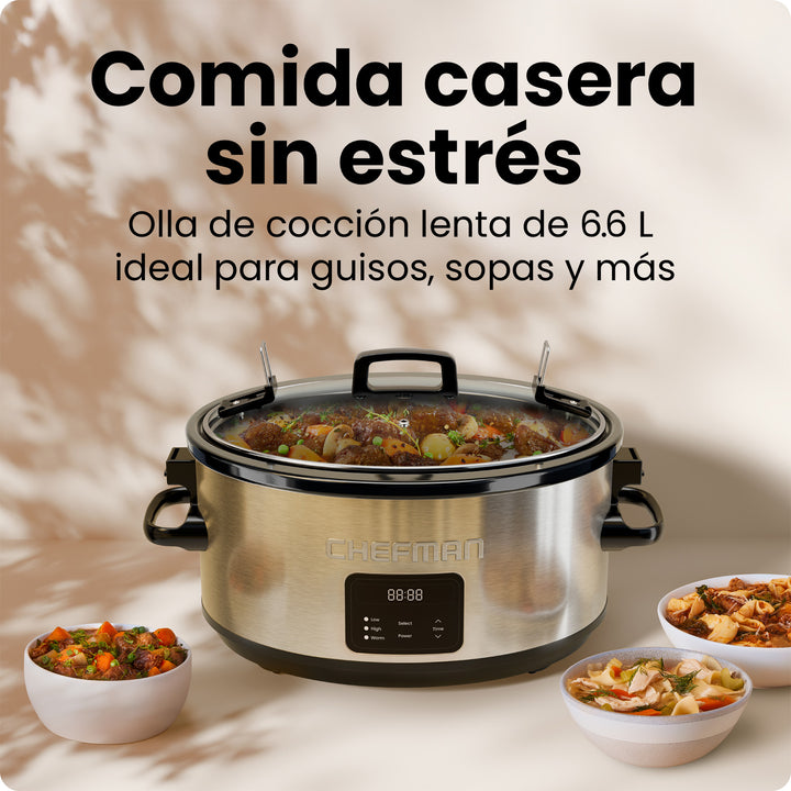 CHEFMAN - Olla de Cocción Lenta Programable 7 Qt con 3 Temperaturas — Acero Inoxidable