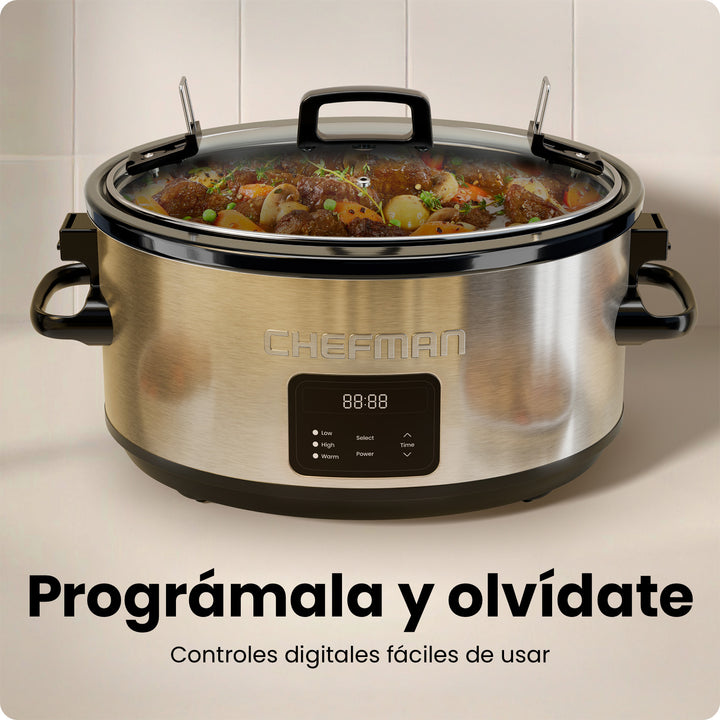 CHEFMAN - Olla de Cocción Lenta Programable 7 Qt con 3 Temperaturas — Acero Inoxidable