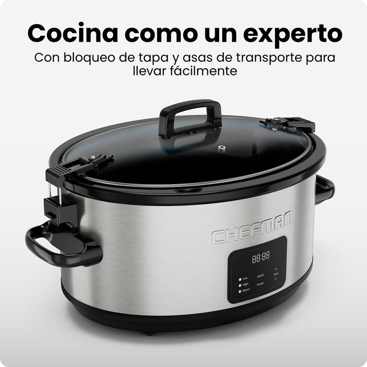 CHEFMAN - Olla de Cocción Lenta Programable 7 Qt con 3 Temperaturas — Acero Inoxidable