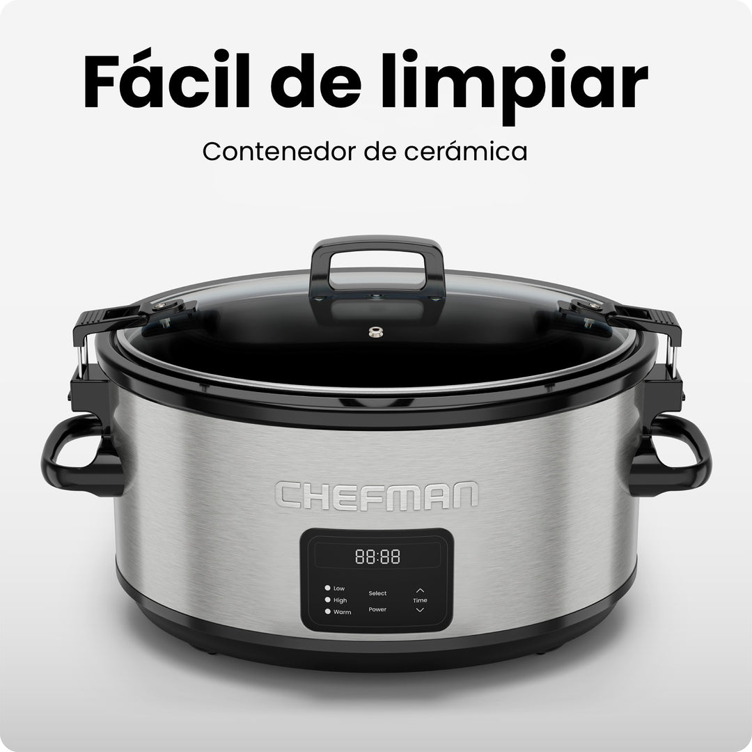 CHEFMAN - Olla de Cocción Lenta Programable 7 Qt con 3 Temperaturas — Acero Inoxidable
