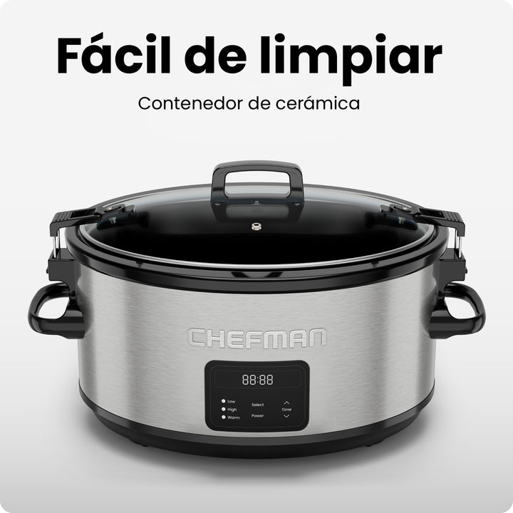 CHEFMAN - Olla de Cocción Lenta Programable 7 Qt con 3 Temperaturas — Acero Inoxidable