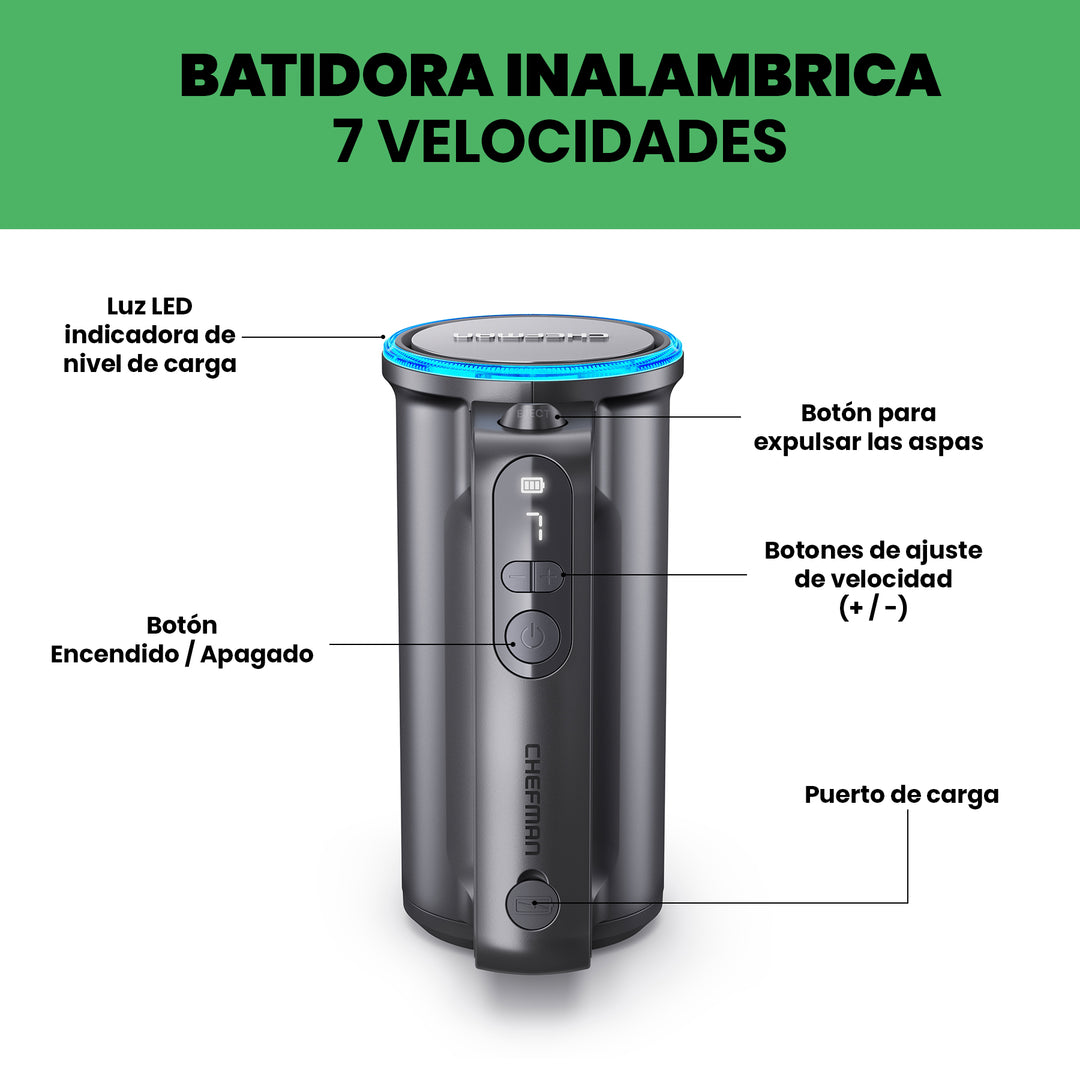 Chefman - Batidora de Mano Inalámbrica de 7 velocidades