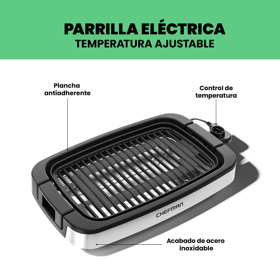 Chefman – Parilla Eléctrica De Acero Inoxidable Con Placa Antiadherente Y Control De Temperatura