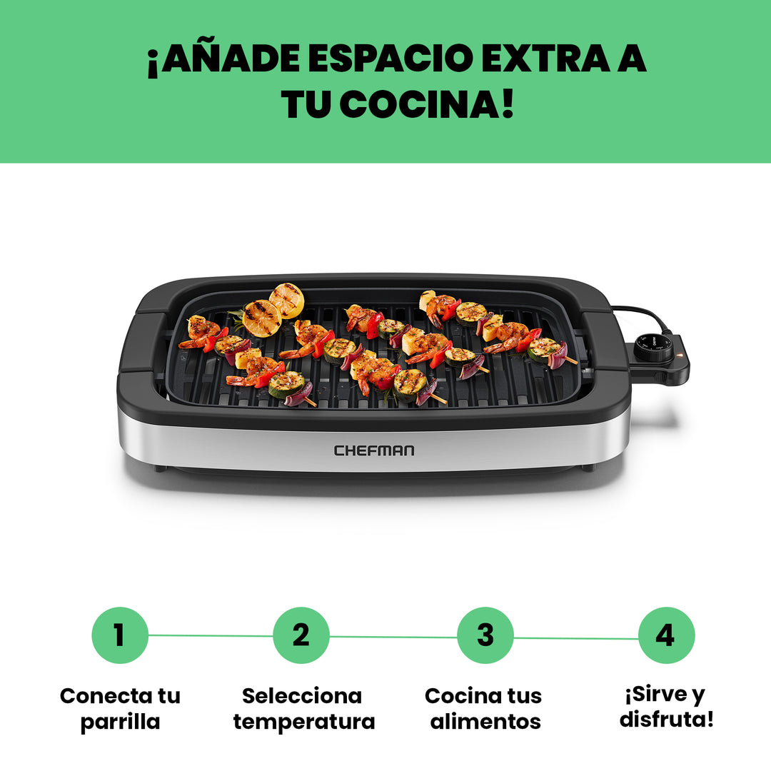 Chefman – Parilla Eléctrica De Acero Inoxidable Con Placa Antiadherente Y Control De Temperatura