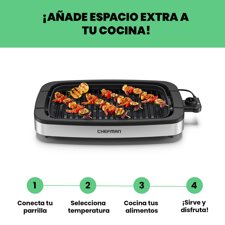 Chefman – Parilla Eléctrica De Acero Inoxidable Con Placa Antiadherente Y Control De Temperatura