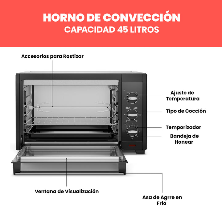 Chefman - Horno Tostador de Convección XXL 45L | 5 en 1 Negro