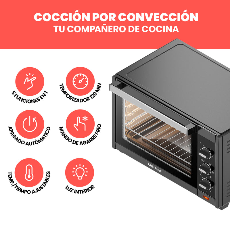 Chefman - Horno Tostador de Convección XXL 45L | 5 en 1 Negro