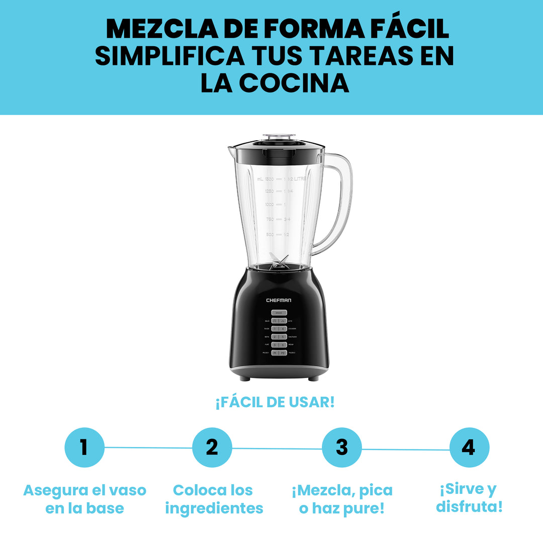 Chefman - Licuadora de 8 Velocidades con Vaso de Plastico de 1.5 Litros