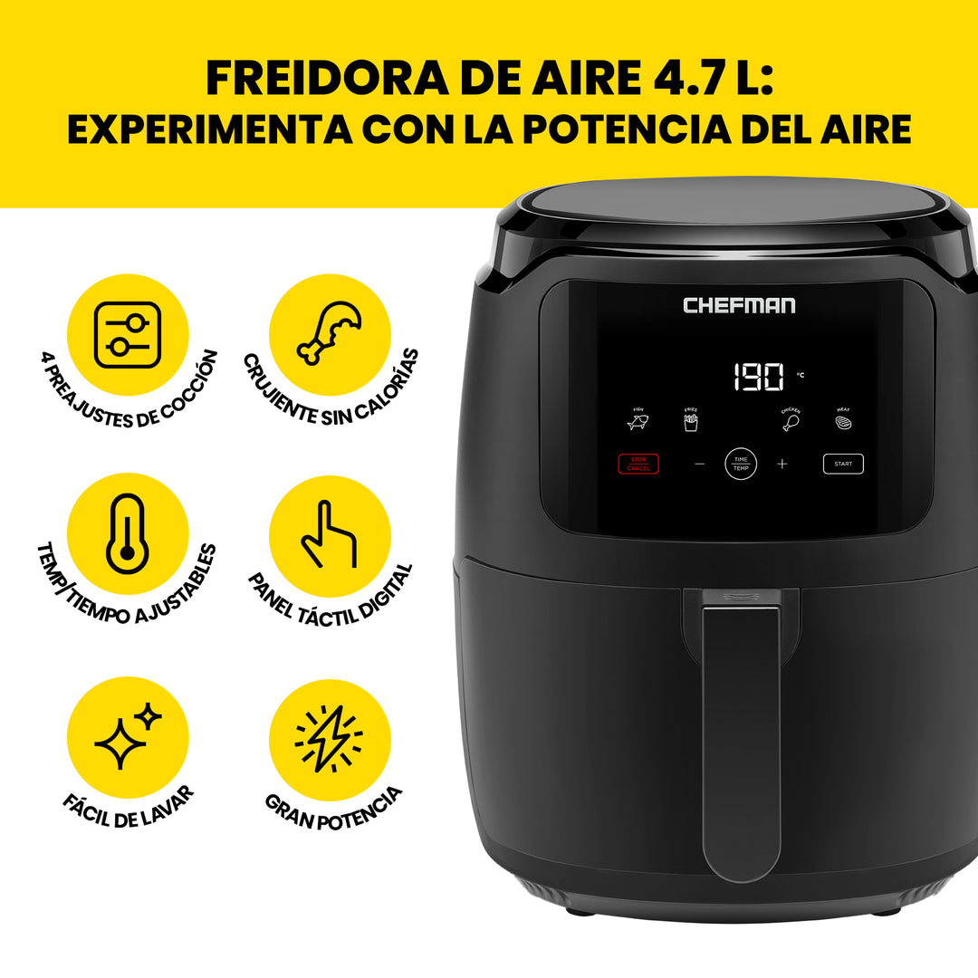 Chefman - Freidora de aire digital, 4 ajustes preestablecidos de cocción 4.7L (5 Qt.)