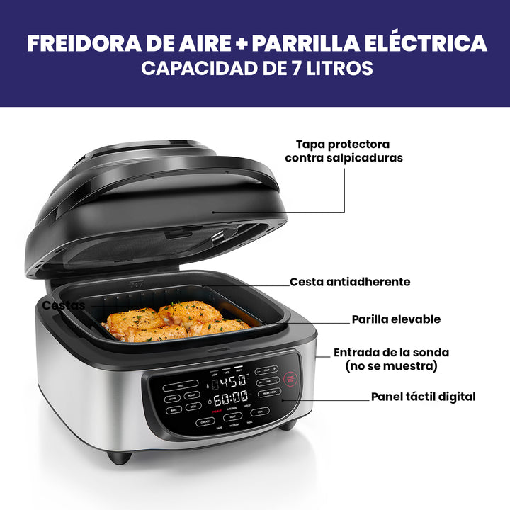 Chefman - Freidora de aire + parrilla interior eléctrica  con sonda de termómetro