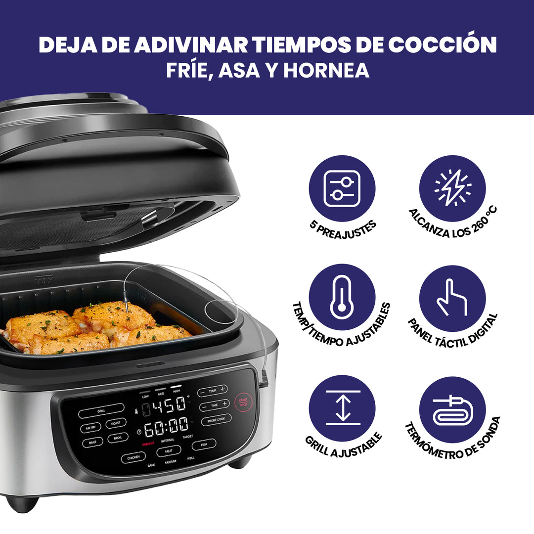 Chefman - Freidora de aire + parrilla interior eléctrica  con sonda de termómetro