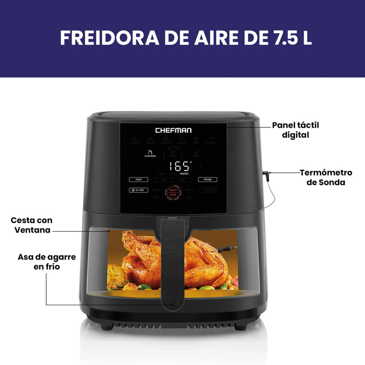 Chefman - Freidora de Aire de 7.5 litros con termómetro incluido y ventana