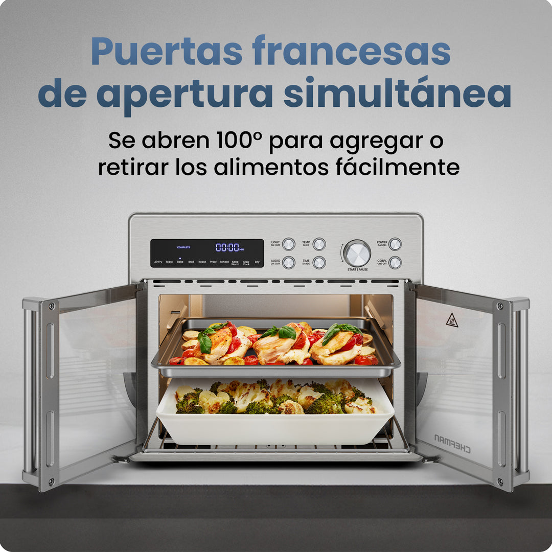 CHEFMAN - Horno Tostador Freidora de Aire con Puerta Francesa – 26 Qt, 10 en 1, Acero Inoxidable Plateado