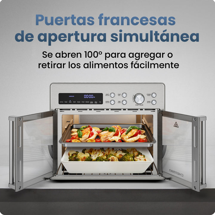 CHEFMAN - Horno Tostador Freidora de Aire con Puerta Francesa – 26 Qt, 10 en 1, Acero Inoxidable Plateado