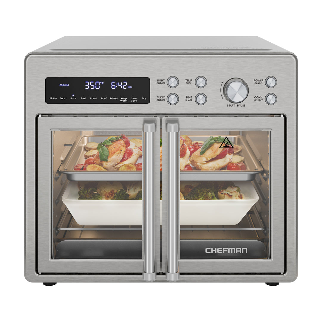 CHEFMAN - Horno Tostador Freidora de Aire con Puerta Francesa – 26 Qt, 10 en 1, Acero Inoxidable Plateado
