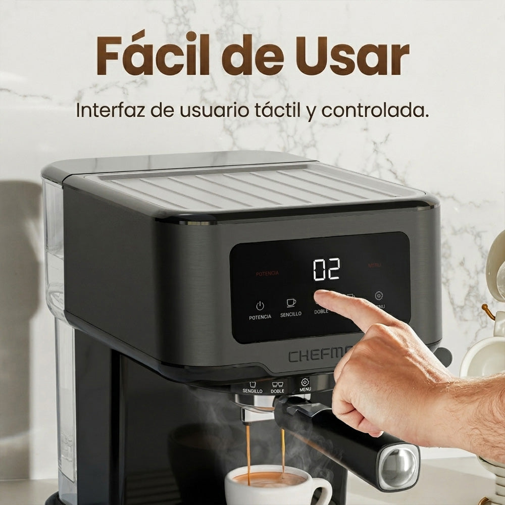 Chefman - Máquina de Espresso Digital CraftBrew 15 Bar con Espumador de Leche, Panel Táctil y Tanque de 1.5 L