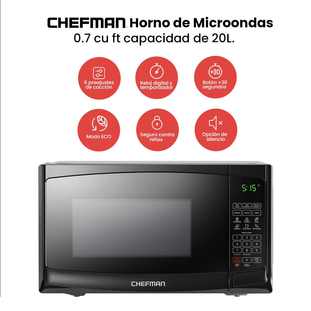 Chefman - Horno de Microondas de 0.7 Pies Cúbicos Color Negro