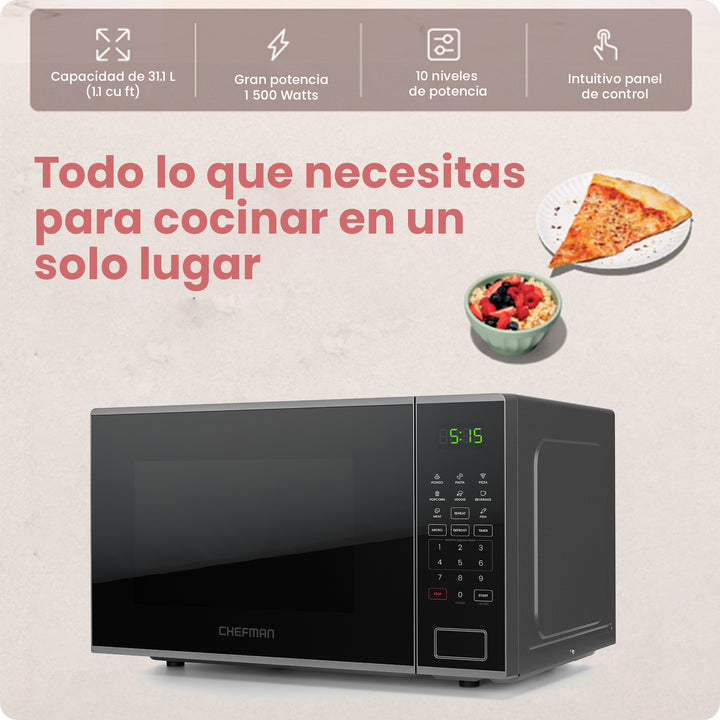 Chefman - Horno Microondas 1.1 Pies Cúbicos | Digital Espejo en Acero Inoxidable