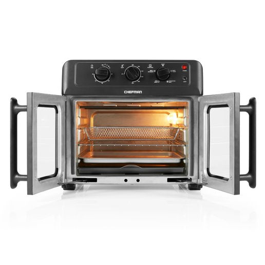 Chefman French Door Freidora de aire + Horno 25L, ventanas de vidrio doble y anchas para un acceso y visualización increíbles