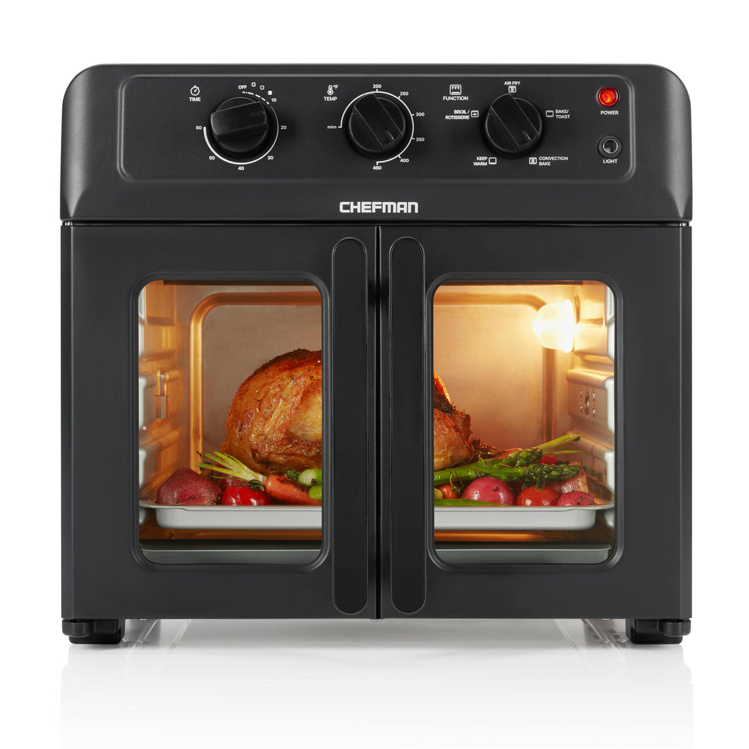 Chefman French Door Freidora de aire + Horno 25L, ventanas de vidrio doble y anchas para un acceso y visualización increíbles