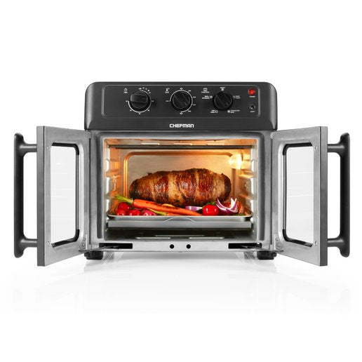 Chefman French Door Freidora de aire + Horno 25L, ventanas de vidrio doble y anchas para un acceso y visualización increíbles